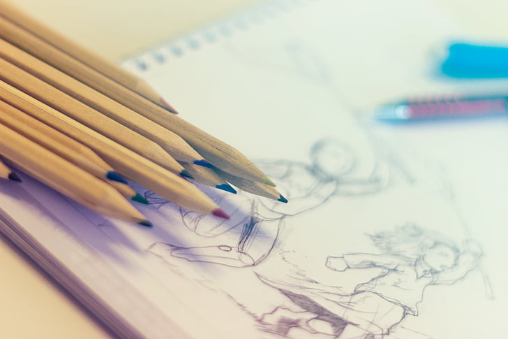 izabrane, boje, olovke, ispis, papir, olovka, umjetnost