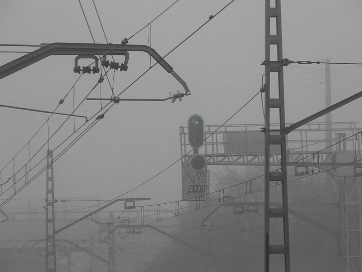 catenaria, ferrocarril de, niebla, semáforo verde, línea de tren