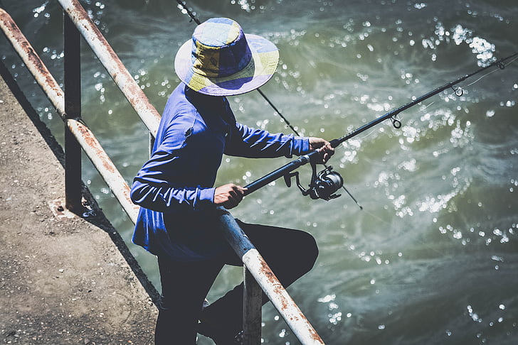 fisherman, fishing, fishing rod, man, outdoors, person, railing