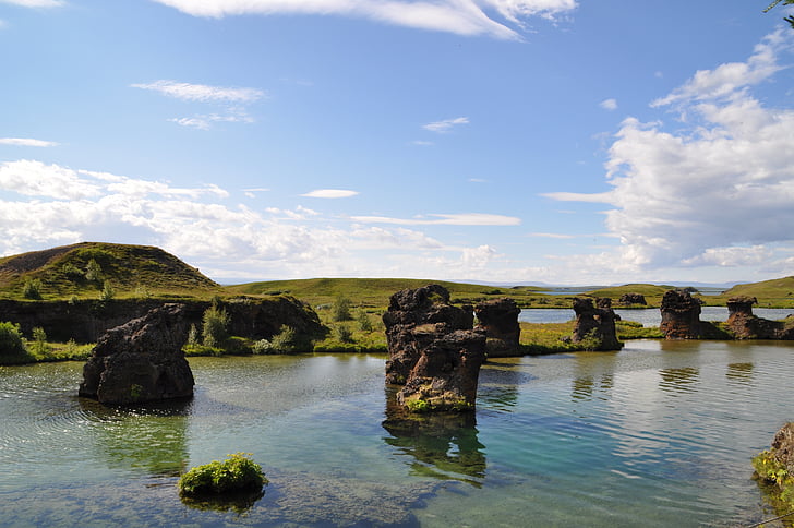 IJsland, Höfði, water, landschap, stenen, Rock, natuur