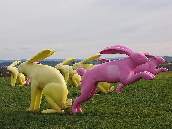 conejo, parejas de conejo, obra de arte, amarillo, rosa, asiento y flitz conejos, Rosalie