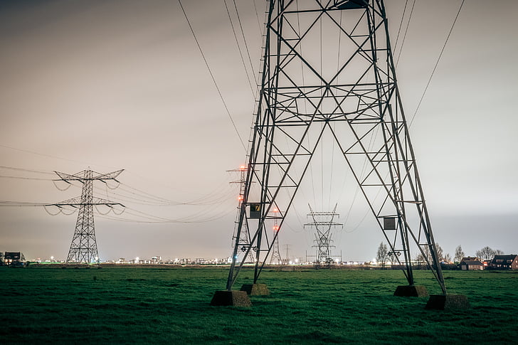 line, gray, metal, electric, towers, green, grass