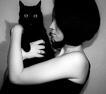 svart katt, katten, mann, jente