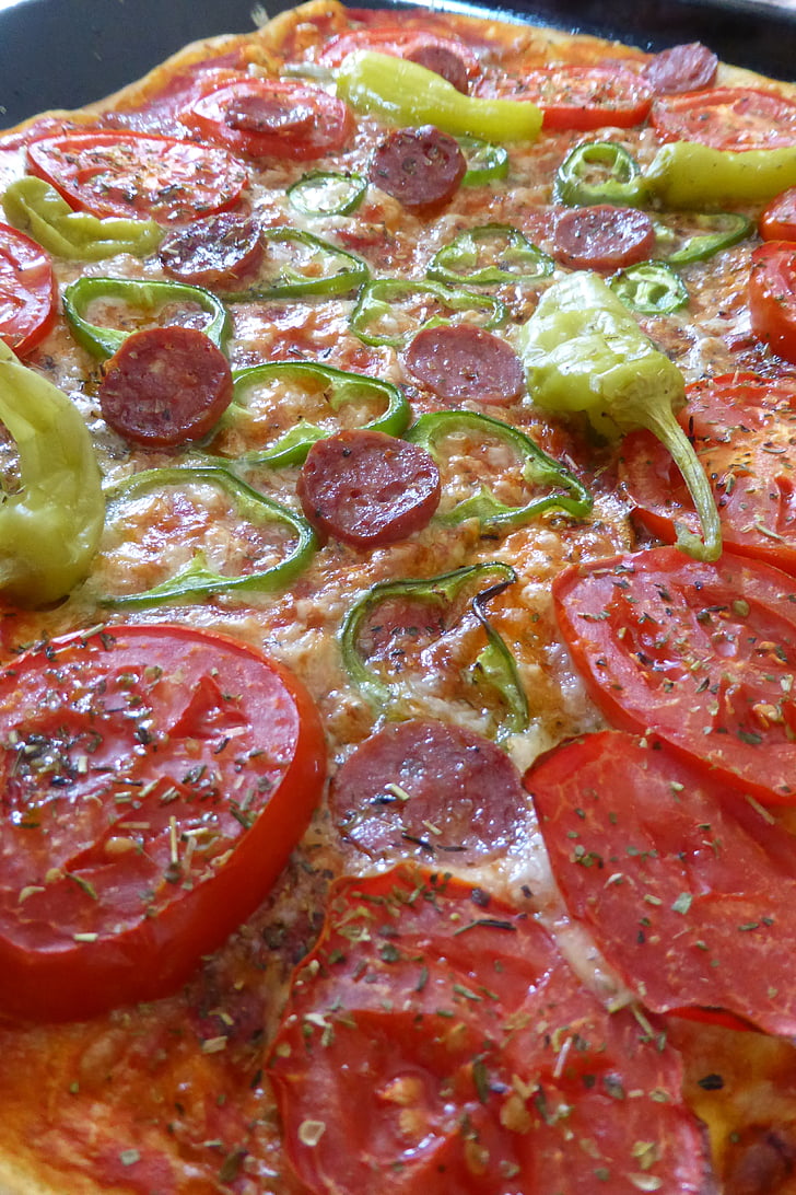 Pizza, Italien, alimentaire, garniture de pizza, salami, pepperoni, tomates