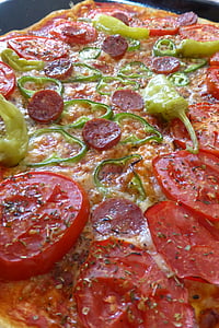 pizza, Italiană, produse alimentare, pizza topping, salam, ardei iute, tomate