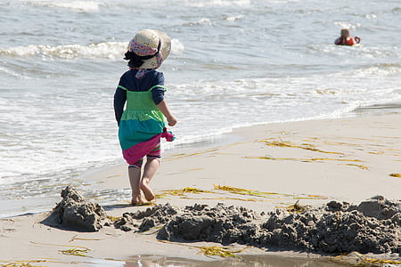 Dziewczyna, Plaża, kapelusz, wakacje, morze, dziecko, Latem