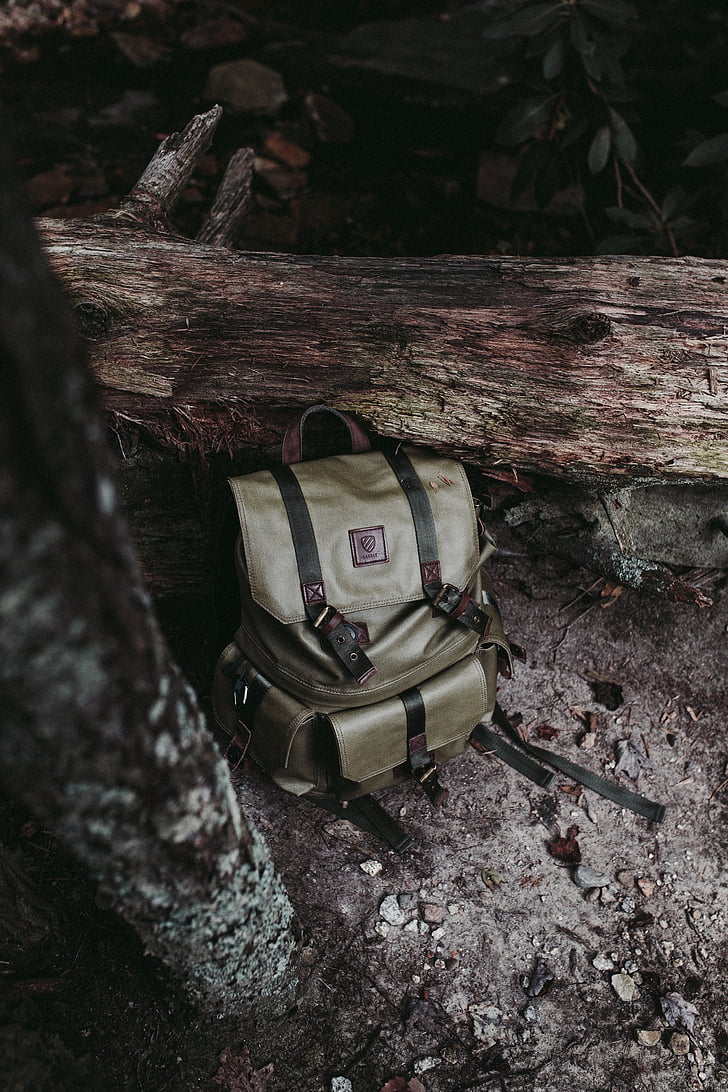 gray, leather, backpack, outdoor, bag, wood, travel
