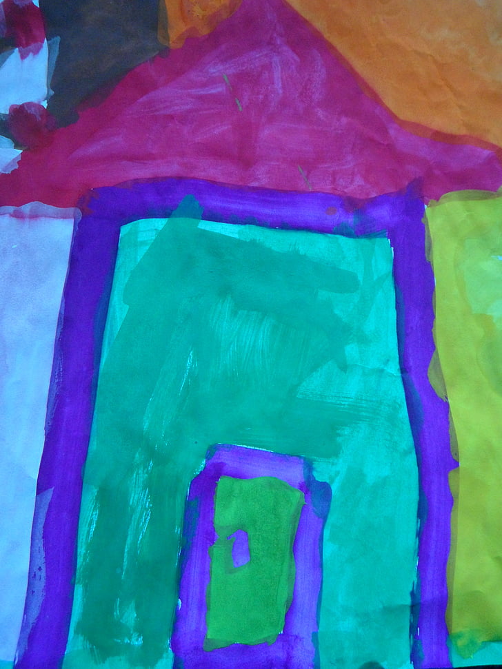 casa, aquarel·la, nens de dibuix, raspall, pintura, pintura, colors