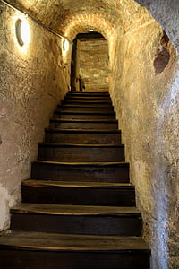 věž, schodiště, dřevěné schody, vzestup, postupně, staré, hrad