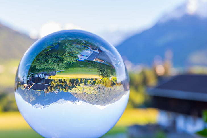 glass ball, mountains, blue, landscape, holiday, panorama
