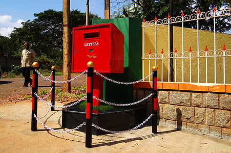 letter box, post box, tv type, red, india post, barricade, man