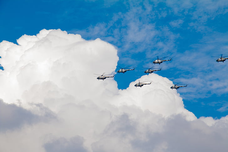 clouds, helicopters, aircraft, sky, pilot, fly, parade
