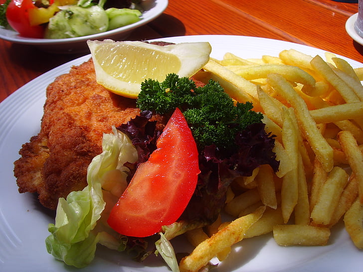 schnitzel, french, french fries, meal, eat, nutrition, hunger