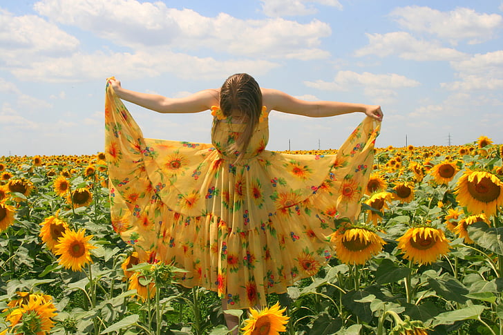 floarea-soarelui, fată, rochie, galben, natura, vara, floare