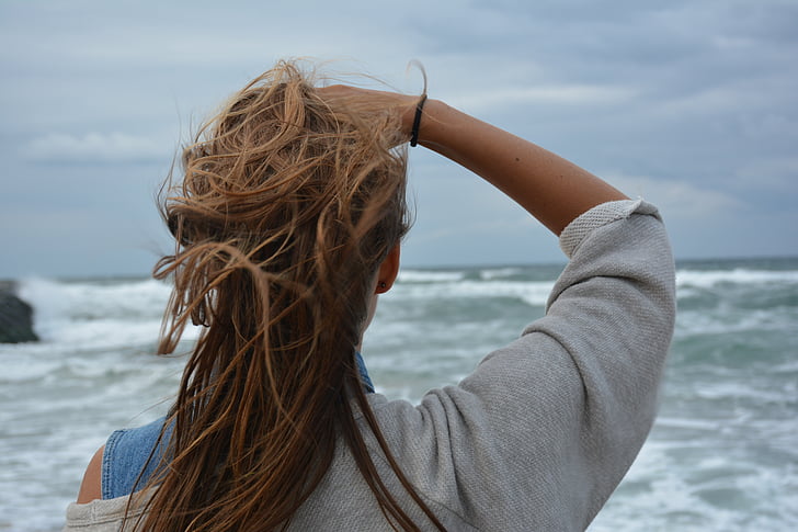 back view, hair, observing, ocean, outdoors, person, pose