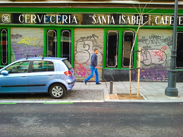 trade, district, madrid, street, graffiti, coffee