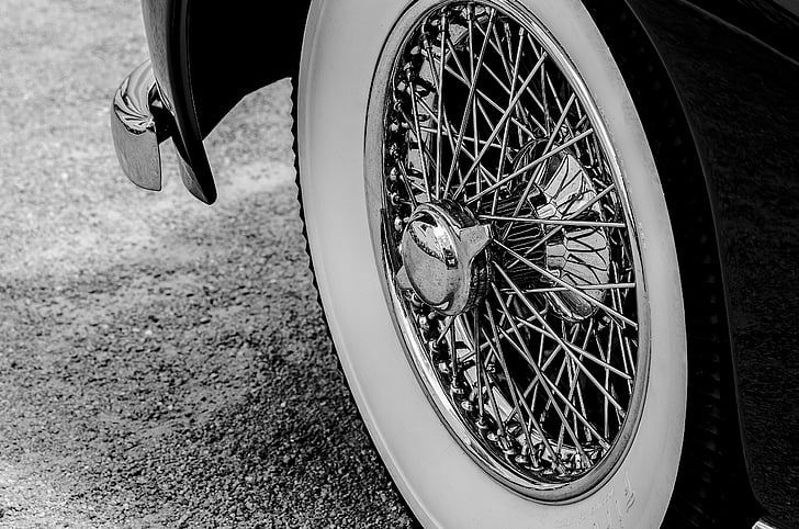 car, wheel, old, vehicle, black, white, art