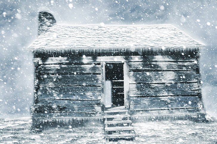 winter, hut, shack, snow, abandoned, art, design