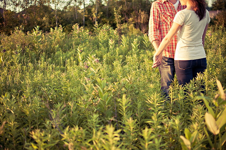 countryside, couple, engaged, environment, field, grass, happiness