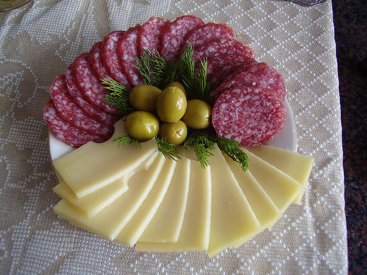 mat, salat, pølse, ost, oliven, gourmet, plate