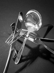 artwork, piecing together, chrome, cutlery, knife, fork, spoon