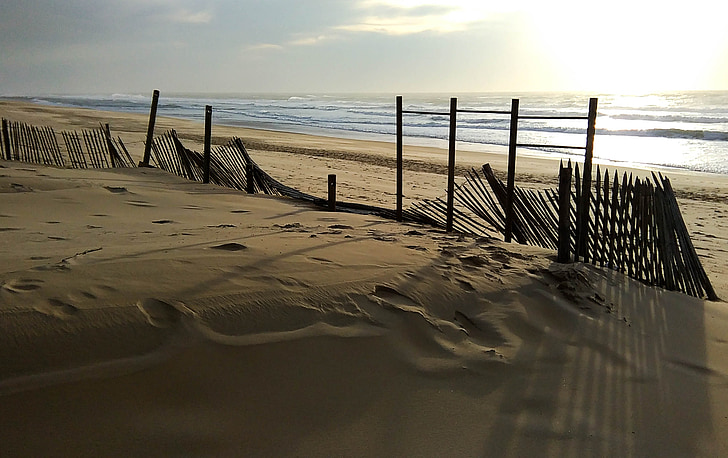 beach, sunset, evening, barrier, stakes, twilight