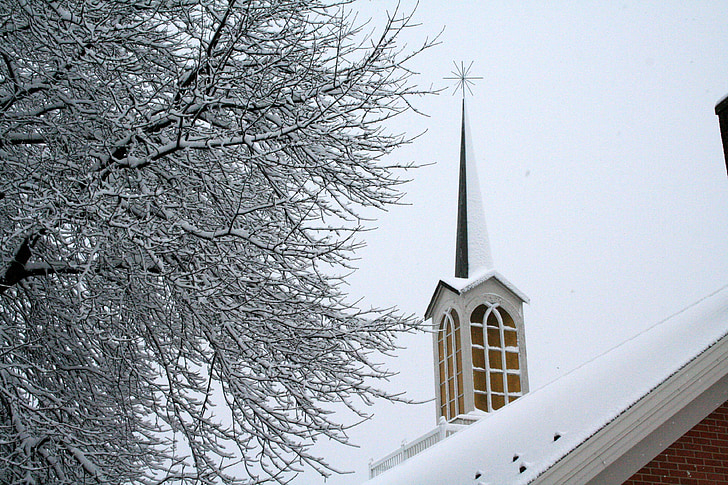 Parc Mostra església mennonita, mennonites, l'església, Steeple, l'hivern, neu, religió