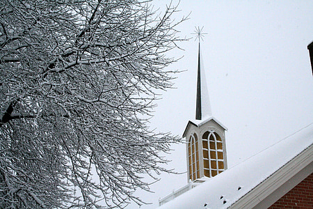 Parc Découvre église mennonite, Mennonite, Église, steeple, hiver, neige, religion