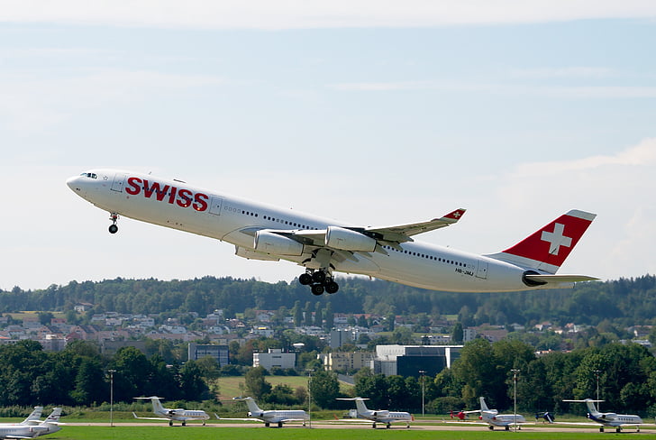 Airbus a340, Swiss airlines, Aeropuerto zurich, Jet, Aviación, transporte, Aeropuerto