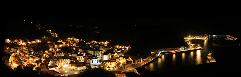 panoramautsikt över, staden, lampor, natt, personer, hamn, päron