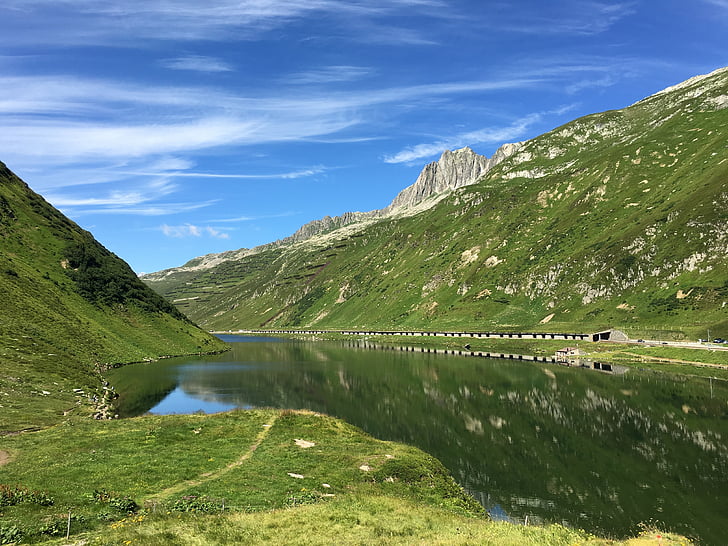 スイスの山, グリムゼル, 水, アルプス, 自然, 渡す, 夏