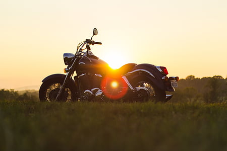 black, cruiser, motorcycle, sunset, motorbike, roadtrip, field