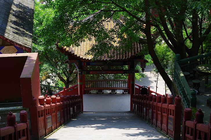 templom, korlát, kadoba, lépcsők, Ázsia, hagyományos kínai, piros