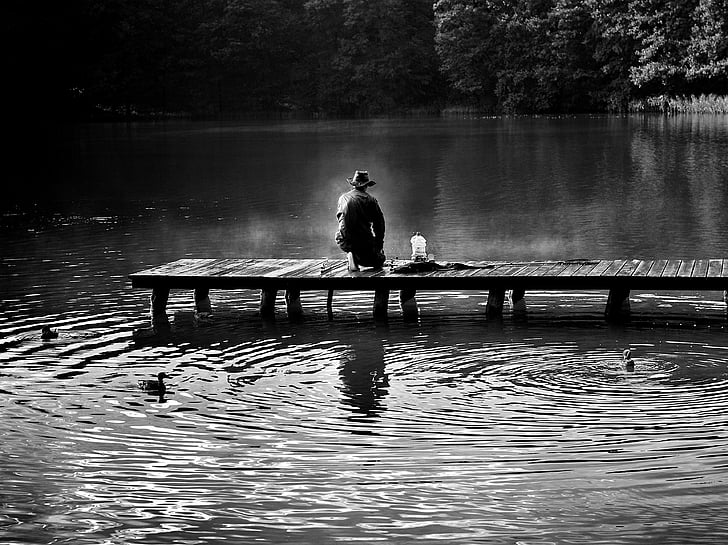 black-and-white, dawn, fish, fisherman, fishing, hunting, lake