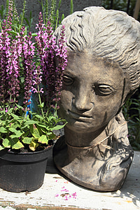 still life, gartendeko, female bust, flowerpot, flowers, plant, blumenstock