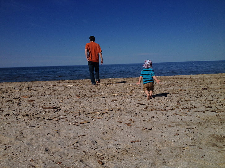 παραλία, ο πατέρας, ο γιος, οικογένεια, μαζί, παιδική ηλικία, στη θάλασσα