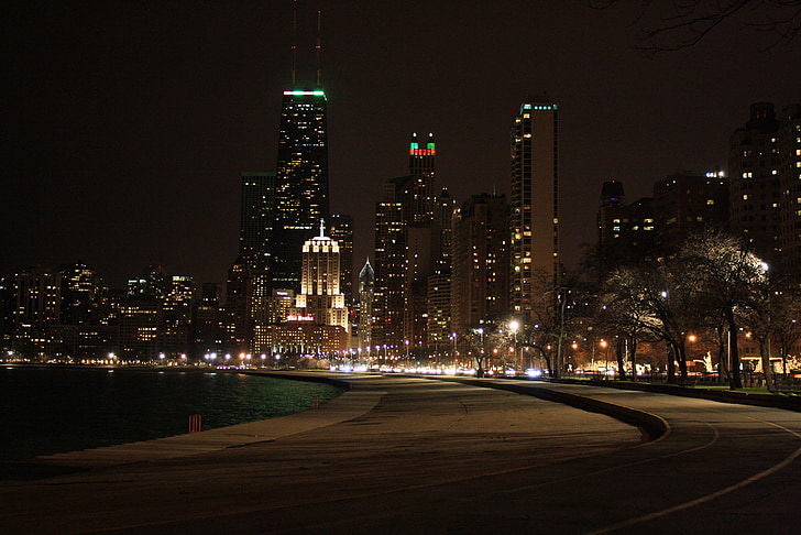 Чикаго, нічний погляд, Будинки, Архітектура, дороги, Автомобільні дороги, озеро Мічиган