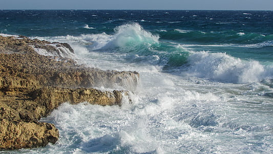 ondas, romper, aerosol, costa rocosa, salvaje, Chipre, Ayia napa