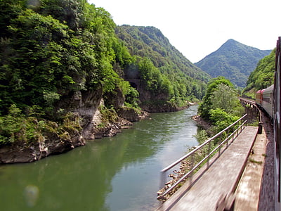 a vonat, folyó, Szlovénia, utazás, víz, természet, híd