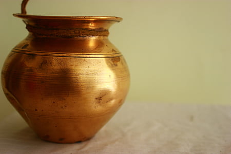 kobber, potten, fartøy, antikk, gamle, runde, vase