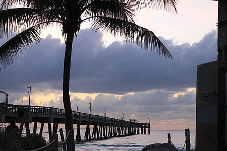 Pier, Beach, Sunrise, more, západ slnka, Príroda