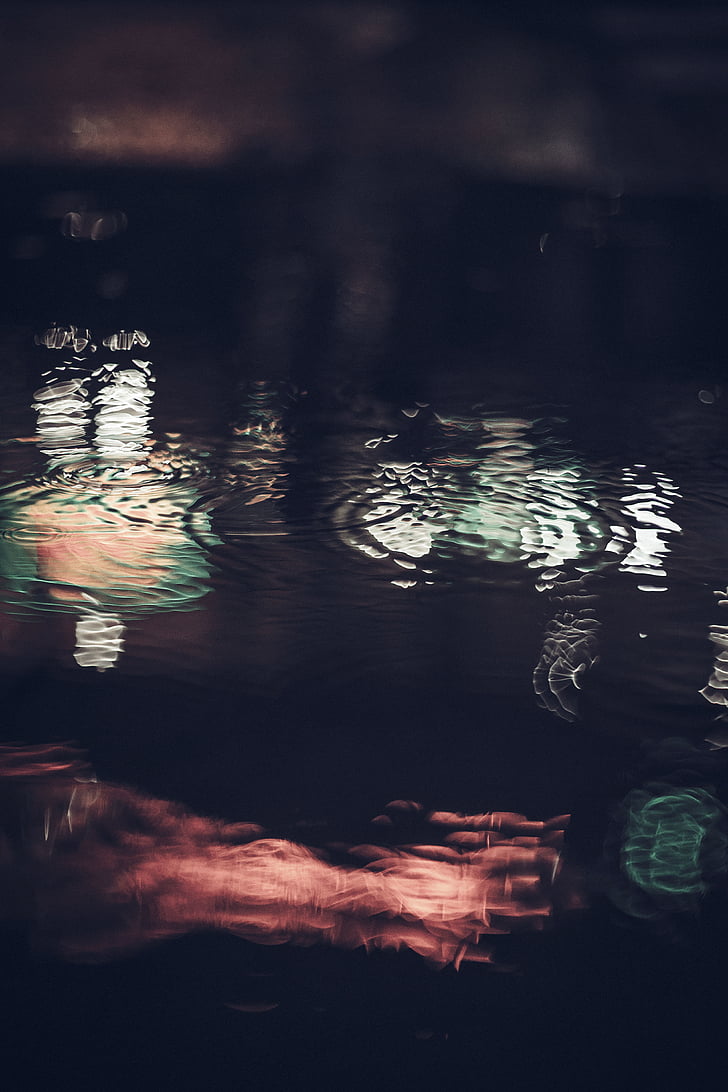 l'aigua, gota, pluja, reflexió, fosc, nit, llums