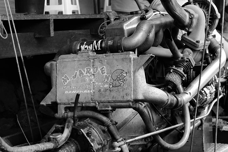 engine, canoe, thailand, boat, old, industry, black And White