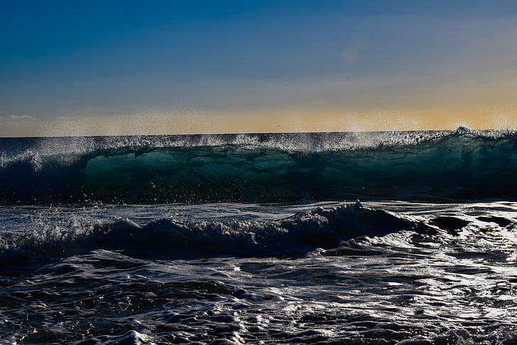 wave, foam, spray, sea, sunset, afternoon, water