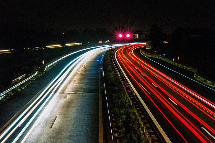 snelweg, nacht, verkeer, middelpunt van de belangstelling, verlichting, verkeer, achterlichten
