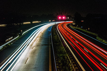 highway, night, traffic, spotlight, lights, movement, taillights