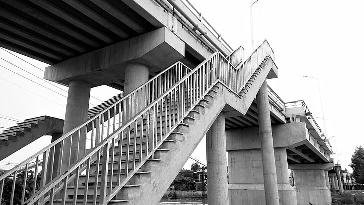 bridge, concrete, river, black and white photo, black-white photograph, step, stairs