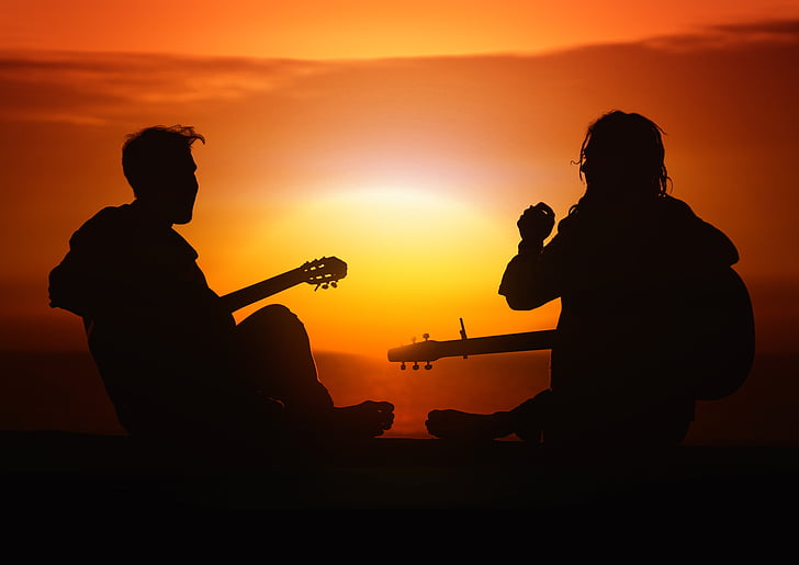 silhouette, two, person, holding, guitar, sunset, boy