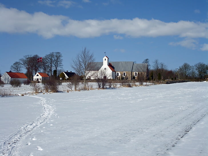 Todbjerg, Danmark, landskab, sne, vinter, kirke, hus