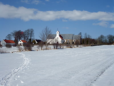 todbjerg, denmark, landscape, snow, winter, church, house